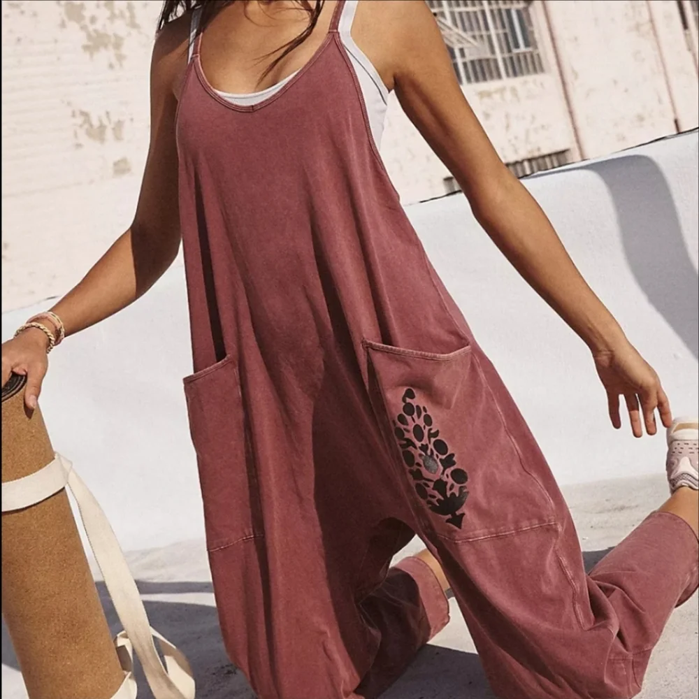 New Free People FP Movement Hot Shot Logo Onesie Mocha Combo Overalls Jumpsuit L - Picture 5 of 16